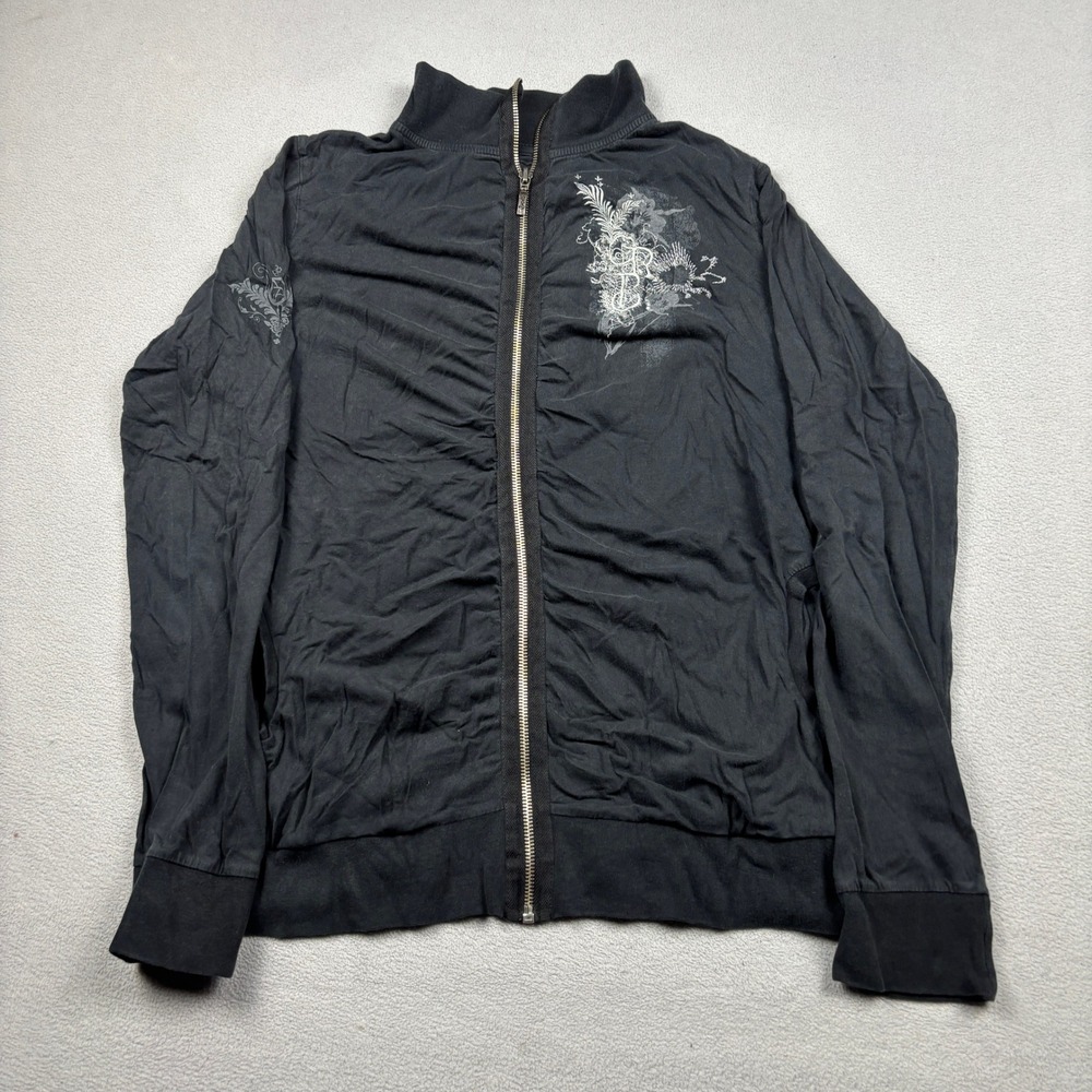 Orb Womens Black Ruched Full Zip Graphic Embroidered Jacket Gothic Y2K Large
